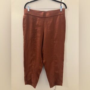 Eileen Fisher Brown Organic Linen Tapered Leg Loose Fit Pull On Pants Sz S
